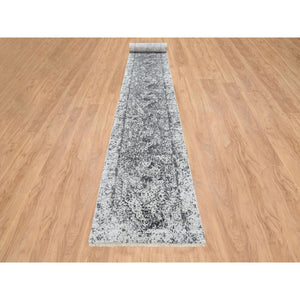 2'7"x23'9" Silver Gray, Wool and Pure Silk Hand Knotted, Erased Persian Design, XL Runner Oriental Rug FWR390138