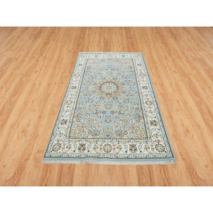 5'x8'1" Light Blue, Hand Knotted Nain with Center Medallion Flower Design, 250 KPSI Soft Wool, Oriental Rug FWR391698