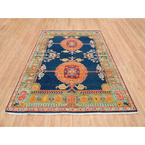 7'10"x10' Navy Blue, Colorful Samarkand Design Thick and Plush, Pure Wool Hand Knotted, Oriental Rug FWR393252