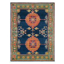 Load image into Gallery viewer, 9&#39;1&quot;x12&#39;1&quot; Navy Blue, Thick and Plush, Natural Wool, Hand Knotted, Colorful Samarkand Design Oriental Rug FWR393972
