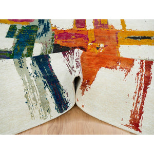 6'x9'1" Colorful, Modern Design Abstract Motifs with Painter's Brush Strokes, Hand Knotted, Wool and Sari Silk, Oriental Rug FWR394116