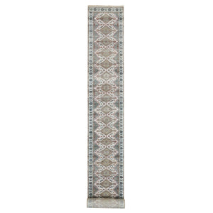 2'7"x23'7" Frost White, Soft and Vibrant Pile, Shiraz Reimagined, Unique Flower Rosettes Border Design, Hand Knotted, Natural Dyes, Natural Wool, Sustainable, XL Runner Oriental Rug FWR394926