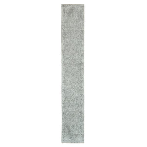2'6"x15'10" Goose Gray, Broken and Erased Persian Design, Hand Knotted, Wool and Silk, XL Runner Oriental Rug FWR395340