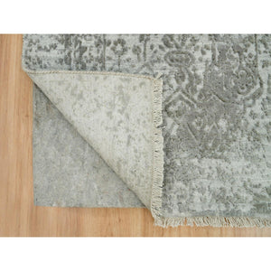2'6"x15'10" Goose Gray, Broken and Erased Persian Design, Hand Knotted, Wool and Silk, XL Runner Oriental Rug FWR395340