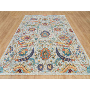 9'x12'1" Tan Color, Hand Knotted, Sickle Leaf Design, Silk with Textured Wool, Oriental Rug FWR395436