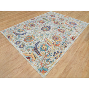 9'x12'1" Tan Color, Hand Knotted, Sickle Leaf Design, Silk with Textured Wool, Oriental Rug FWR395436