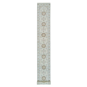 2'6"x20'6" Powder White, 250 KPSI, Extra Soft Wool, Hand Knotted, Nain with Center Medallion Flower Design, XL Runner Oriental Rug FWR395964