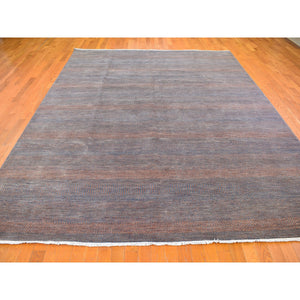 9'1"x12'2" Denim Blue with Touches of Orange Grass Design Wool and Silk Hand Knotted Oriental Rug FWR396318