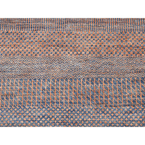 9'1"x12'2" Denim Blue with Touches of Orange Grass Design Wool and Silk Hand Knotted Oriental Rug FWR396318