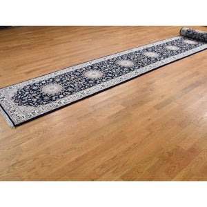 3'x18' Midnight Blue Pure Wool 250 KPSI Nain with Flower Medallion Design XL Runner Hand Knotted Oriental Rug FWR397368