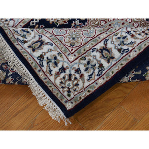 3'x18' Midnight Blue Pure Wool 250 KPSI Nain with Flower Medallion Design XL Runner Hand Knotted Oriental Rug FWR397368
