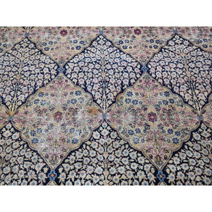 7'x10'5" Beige Antique Persian Kermanshah Signed Worn Areas Clean Garden Design Pure Wool Hand Knotted Oriental Rug FWR397554