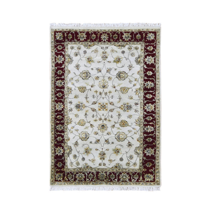 4'x6' Ivory Rajasthan Half Wool and Half Silk Floral Design Thick and Plush Hand Knotted Oriental Rug FWR400674