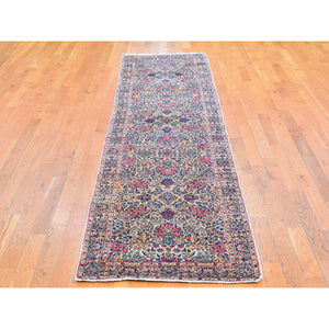 2'8"x11'6" Ivory Antique Persian Kerman Runner Good Condition Multicolor Flower and Vase Design Organic Wool Hand Knotted Oriental Rug FWR401040