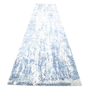 3'8"x17'2" Hand Knotted Denim Blue Abstract Design Wool and Real Silk Extra Large Wide Runner Oriental Rug FWR401904