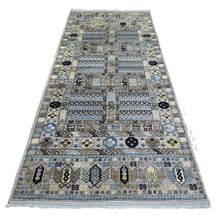 Load image into Gallery viewer, 4&#39;1&quot;x9&#39;7&quot; Light Gray, Turkeman Ersari with Prayer Design Natural Dyes, Densely Woven Pure Wool Hand Knotted, Wide Runner Oriental Rug FWR423822
