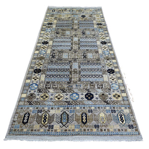 4'1"x9'7" Light Gray, Turkeman Ersari with Prayer Design Natural Dyes, Densely Woven Pure Wool Hand Knotted, Wide Runner Oriental Rug FWR423822