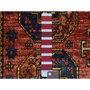 2'1"x3' Coral Red with Navy Blue Border, Hand Knotted Natural Dyes, Afghan Ersari, Tribal Design Soft and Shiny Wool Oriental Rug FWR424800