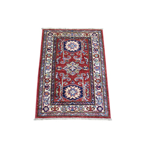 1'10"x2'10" Rich Red, Hand Knotted Caucasian Super Kazak, Natural Dyes Densely Woven Pure Wool, Mat Oriental Rug FWR429564