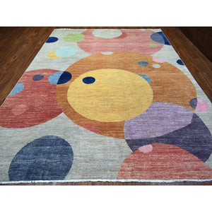 9'1"x12' Colorful, The Circles, Densely Woven, Hand Knotted, Natural Dyes, Soft and Shiny Wool Oriental Rug FWR433572