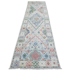 3'x12'1" Gray, Hand Knotted Anatolian Village Inspired Geometric Design, Natural Wool, Runner Oriental Rug FWR434460