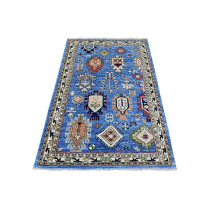 3'7"x5'4" Light Blue, Hand Knotted Afghan Ersari with Large Elements Design, Natural Dyes Soft and Lush Pile Wool, Oriental Rug FWR434478