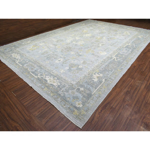 12'1"x17'8" Light Gray Afghan Angora Oushak with Leaf Pattern Natural Dyes, Soft Wool Hand Knotted, Oriental Rug FWR436902