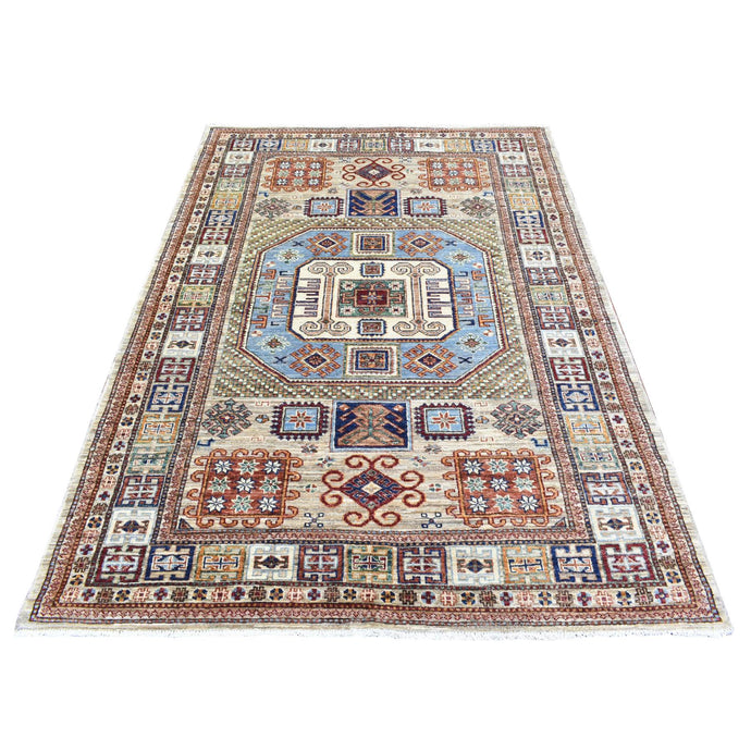 5'x7' Taupe Afghan Super Kazak with Geometric Design, Hand Knotted Shiny and Vibrant Wool Oriental Rug FWR437436