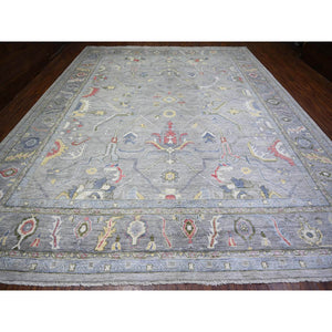 12'2"x15'5" Lavender Gray and Spanish Gray, Afghan Angora Oushak with Colorful Motifs, Natural Dyes, Soft Wool, Hand Knotted, Oversized Oriental Rug FWR446310