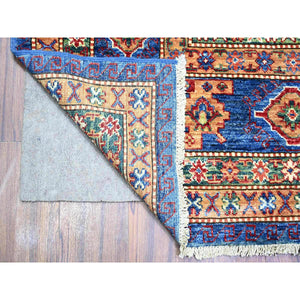 8'2"x11'6" Sapphire with Navy Blue, Hand Knotted Afghan Super Kazak with Tribal Medallion Design, Natural Dyes Densely Woven, Soft Wool, Oriental Rug FWR447288