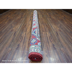 7'x10' Upsdell Red with Vista White, Hand Knotted, Afghan Super Kazak with Tribal Medallion Design, Natural Dyes, Soft Wool, Oriental Rug FWR448938