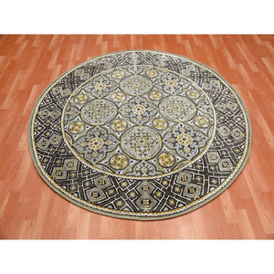 6'2"x6'2" Taupe-Brown Textured Wool and Silk Mughal Inspired Medallions Design Hand-Knotted Round Oriental Rug FWR450774