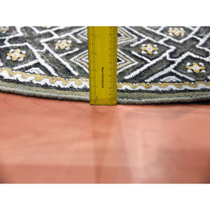 6'2"x6'2" Taupe-Brown Textured Wool and Silk Mughal Inspired Medallions Design Hand-Knotted Round Oriental Rug FWR450774