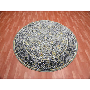 6'1"x6'1" Taupe-Brown Textured Wool and Silk Mughal Inspired Medallions Design Hand-Knotted Round Oriental Rug FWR450780