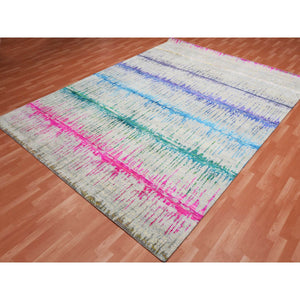 9'1"x12' Ivory, THE CARDIAC, Sari Silk with Textured Wool Hand Knotted, Oriental Rug FWR451044