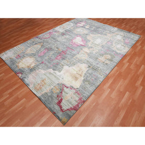 9'x12'1" Stone Gray with Pop of Colors, Pure Silk and Textured Wool Hand Knotted, Eclectic Design, Oriental Rug FWR451056