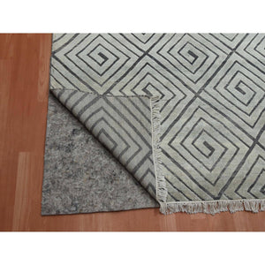 9'x12'1" Ivory, Modern Roman Key Design, Pure Raised Silk with Textured Oxidized Wool, Hand Knotted, Oriental Rug FWR451200