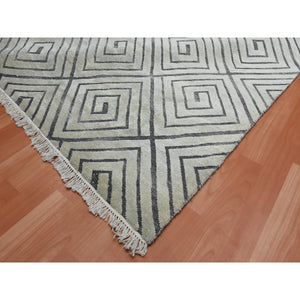 9'x12'1" Ivory, Modern Roman Key Design, Pure Raised Silk with Textured Oxidized Wool, Hand Knotted, Oriental Rug FWR451200