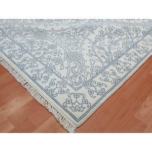 9'4"x11'9" Ivory, 100% Cotton, Agra with Mughal Flower Bouquet Design Hand Knotted, Oriental Rug FWR451284