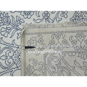 9'4"x11'9" Ivory, 100% Cotton, Agra with Mughal Flower Bouquet Design Hand Knotted, Oriental Rug FWR451284