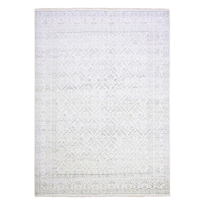 9'1"x11'10" Ivory, Hand Knotted 100% Cotton, Agra with Mughal Flower Bouquet Trellis Design, Oriental Rug FWR451302