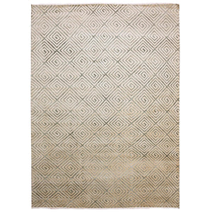 9'10"x14'1" Ivory, Hand Knotted Modern Roman Key Design, Pure Raised Silk with Textured Oxidized Wool, Oriental Rug FWR451320