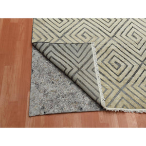 9'10"x14'1" Ivory, Hand Knotted Modern Roman Key Design, Pure Raised Silk with Textured Oxidized Wool, Oriental Rug FWR451320
