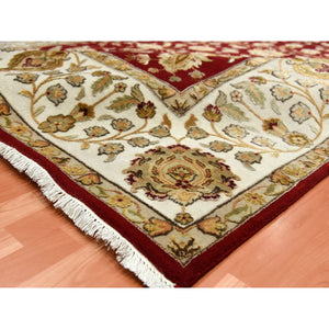9'x12' Burgundy Red, Rajasthan All Over Leaf Design Thick and Plush, Wool and Silk Hand Knotted, Oriental Rug FWR451590