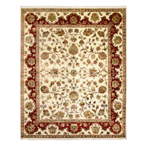 8'1"x10' Ivory, Rajasthan with All Over Leaf Design Thick and Plush, Wool and Silk Hand Knotted, Oriental Rug FWR451632