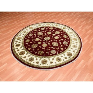 8'x8' Burgundy Red, Wool and Silk Hand Knotted, Rajasthan All Over Leaf Design Thick and Plush, Round Oriental Rug FWR451638