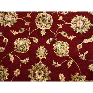 8'x8' Burgundy Red, Wool and Silk Hand Knotted, Rajasthan All Over Leaf Design Thick and Plush, Round Oriental Rug FWR451638
