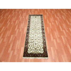 2'7"x8' Ivory, Rajasthan with All Over Leaf Design Thick and Plush, Wool and Silk Hand Knotted, Runner Oriental Rug FWR451650