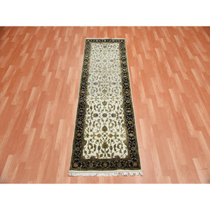 2'6"x8'2" Ivory, Hand Knotted Rajasthan with All Over Design, Thick and Plush Wool and Silk, Runner Oriental Rug FWR451662