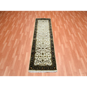 2'6"x8'2" Ivory, Wool and Silk Hand Knotted, Rajasthan with All Over Design Thick and Plush, Runner Oriental Rug FWR451668